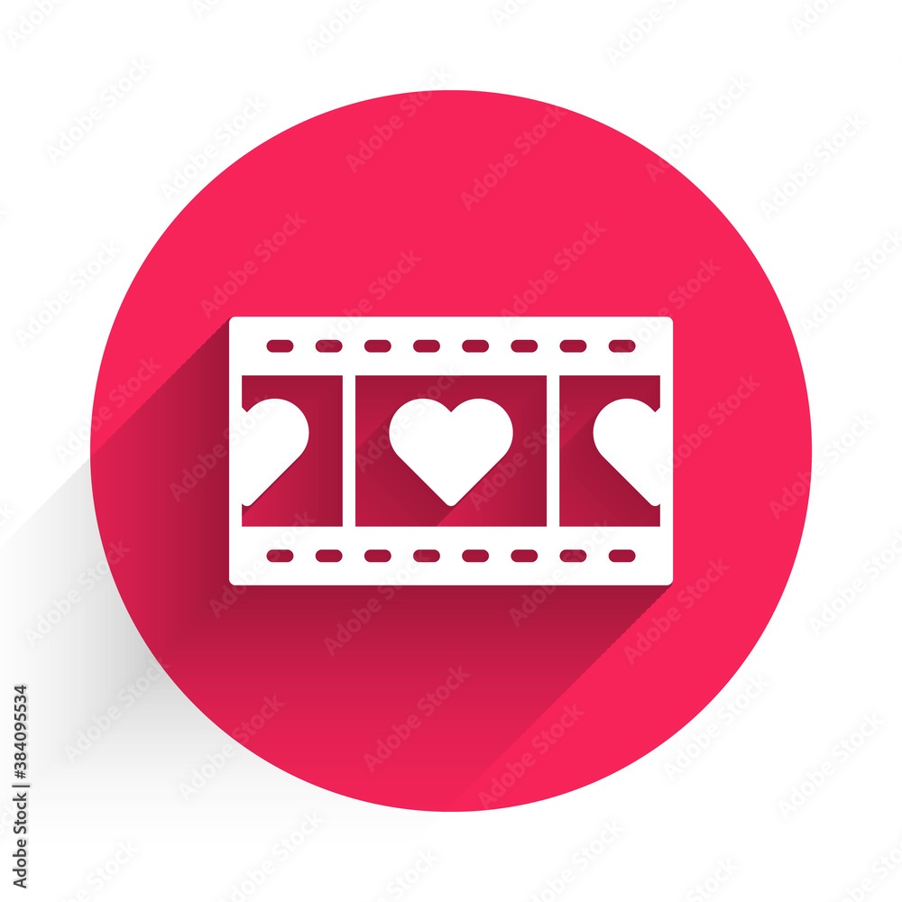 White Play Video with heart icon isolated with long shadow. Film strip sign. Red circle button. Vect