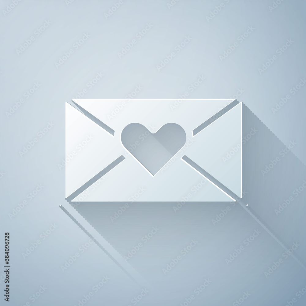 Paper cut Envelope with Valentine heart icon isolated on grey background. Message love. Letter love 