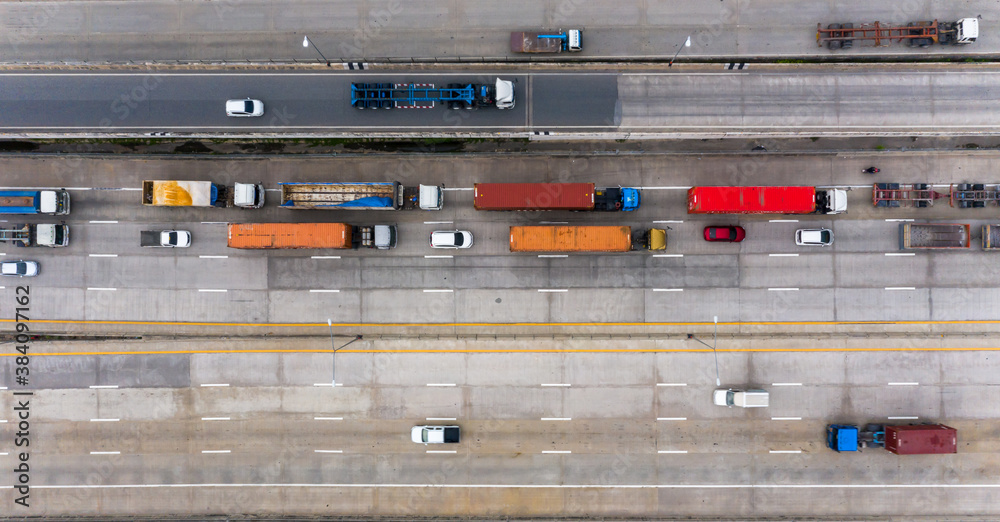 Aerial top view Logistic and Transport, Truck with container on highway road traffic an important in