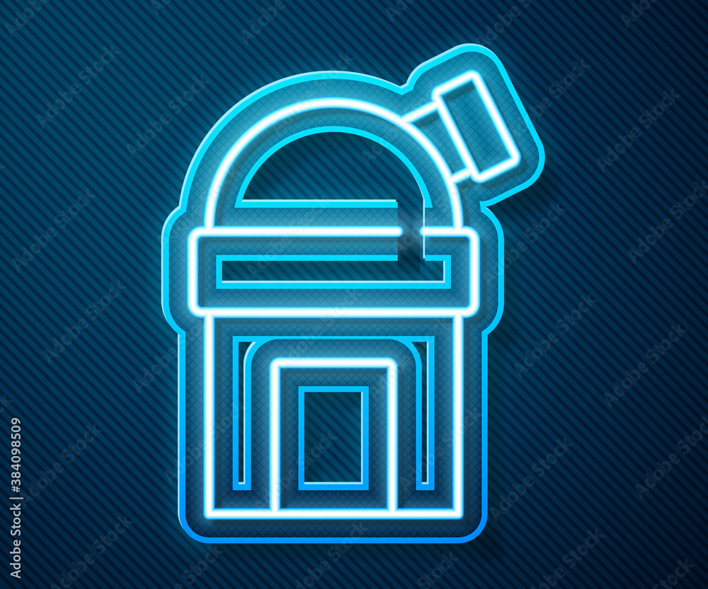 Glowing neon line Astronomical observatory icon isolated on blue background. Observatory with a tele