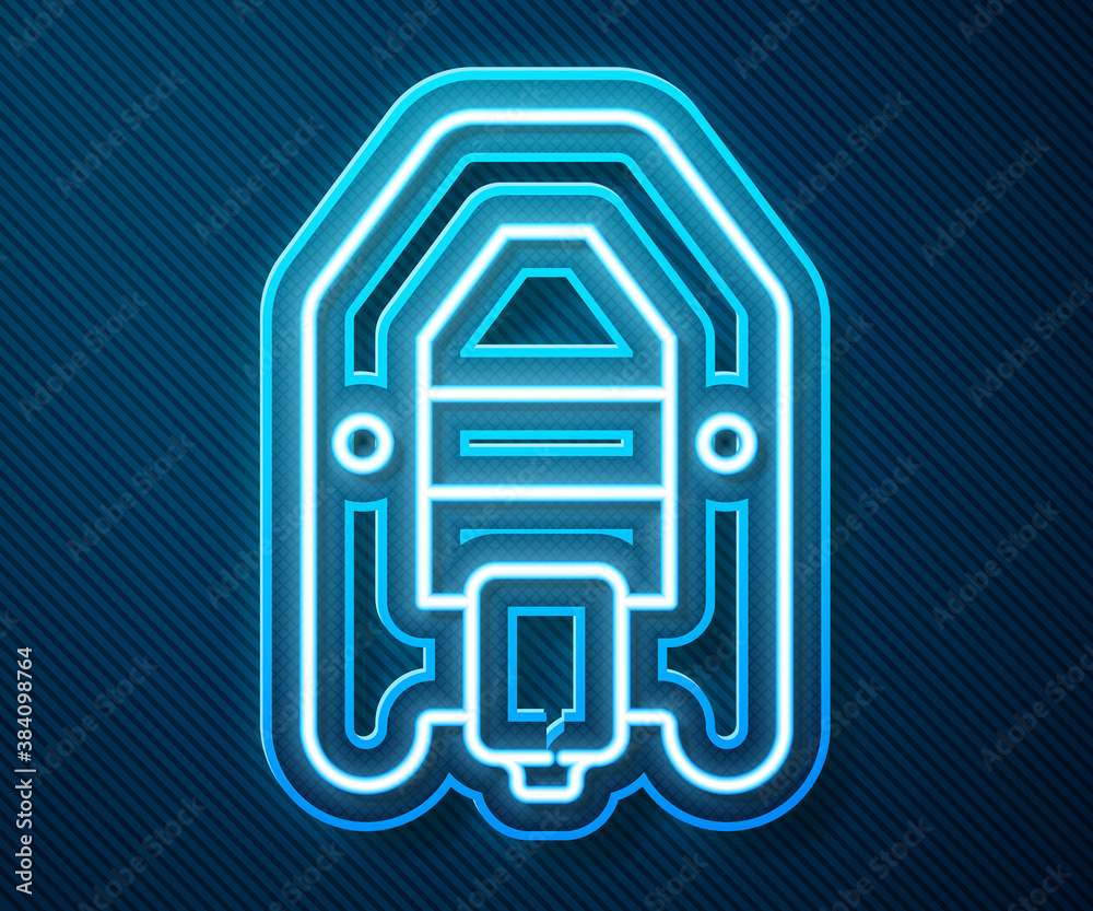 Glowing neon line Rafting boat icon isolated on blue background. Inflatable boat with paddles. Water