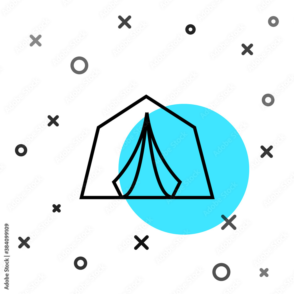 Black line Tourist tent icon isolated on white background. Camping symbol. Random dynamic shapes. Ve