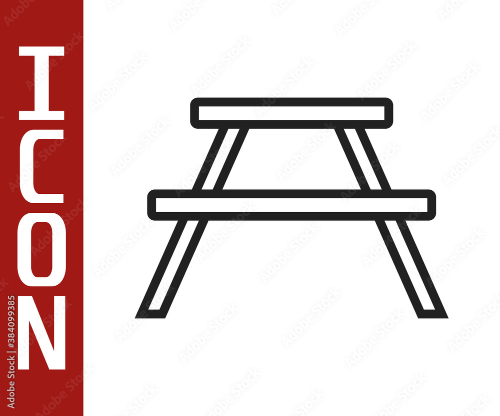 Black line Picnic table with benches on either side of the table icon isolated on white background. 