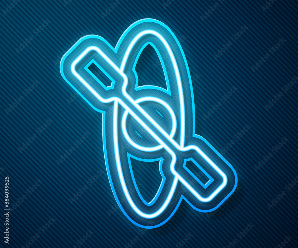 Glowing neon line Kayak and paddle icon isolated on blue background. Kayak and canoe for fishing and