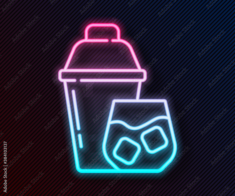 Glowing neon line Cocktail shaker with cocktail glass icon isolated on black background. Vector.