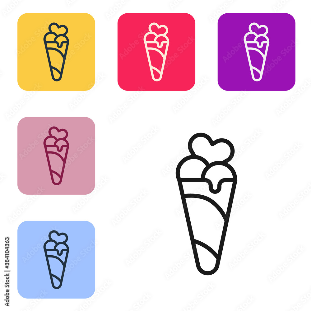 Black line Ice cream in waffle cone icon isolated on white background. Sweet symbol. Set icons in co