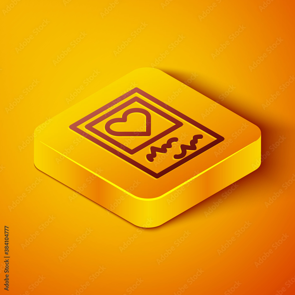 Isometric line Blanks photo frames and hearts icon isolated on orange background. Valentines Day sym