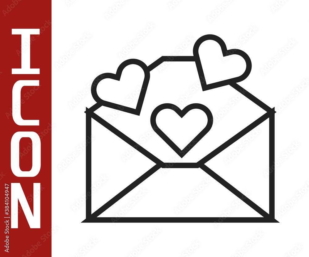 Black line Envelope with Valentine heart icon isolated on white background. Message love. Letter lov