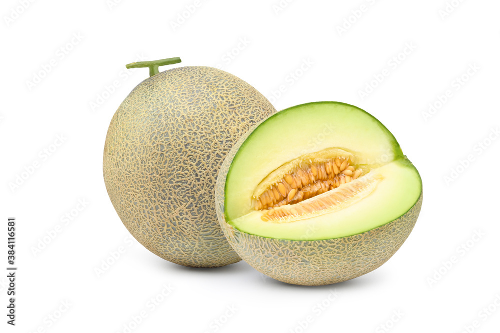 Green melon with sliced isolated on white background. Clipping path.