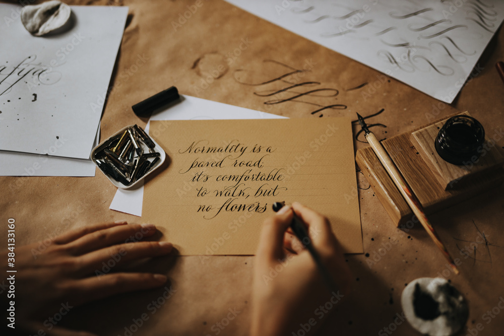 Brown-gold background, desk.