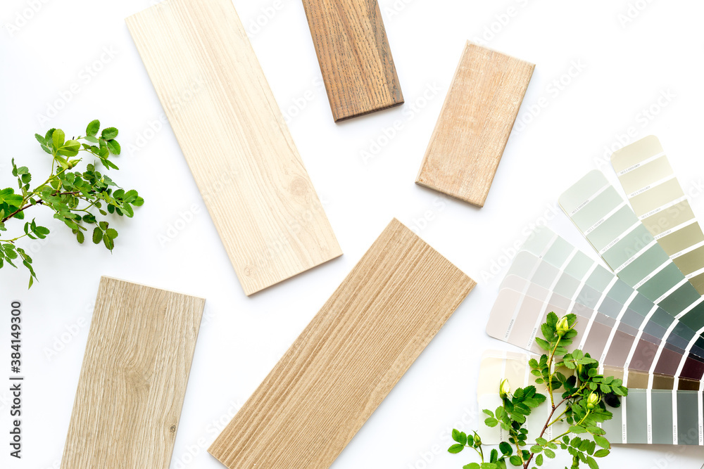 Wooden stoneware and kitchen countertops samples on the table, flat lay