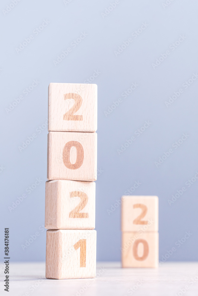 2021 New year abstract design concept by wooden blocks with copy space.