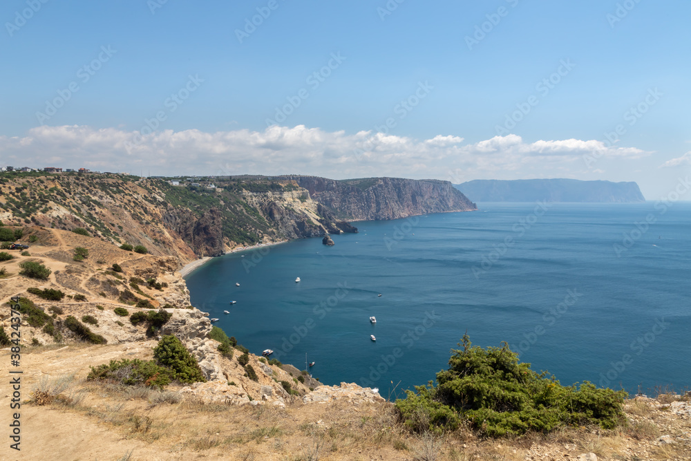 A panoramic view from Fiolent cape on a clear sunny day. From the highest viewpoint can see Saint Ge