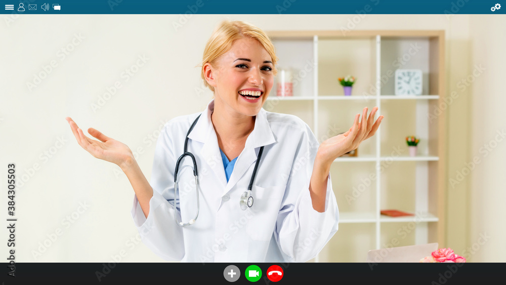 Doctor and patient talking on video call for telemedicine service . Online health care application i