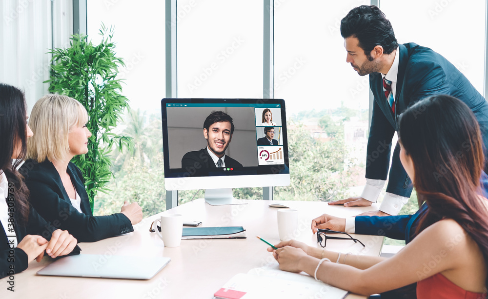 Video call group business people meeting on virtual workplace or remote office. Telework conference 