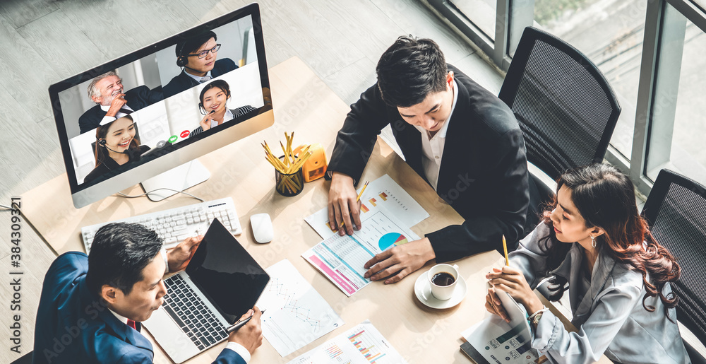 Video call group business people meeting on virtual workplace or remote office. Telework conference 