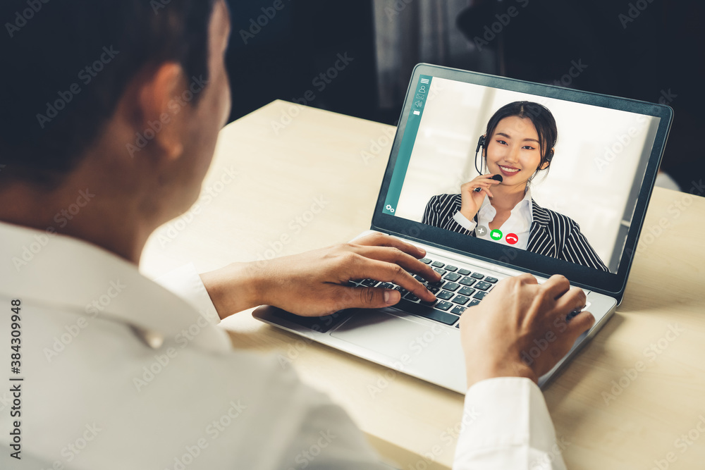 Video call business people meeting on virtual workplace or remote office. Telework conference call u