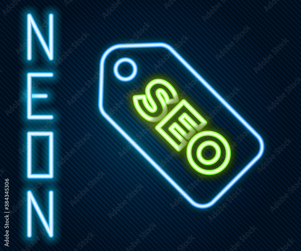 Glowing neon line SEO optimization icon isolated on black background. Colorful outline concept. Vect