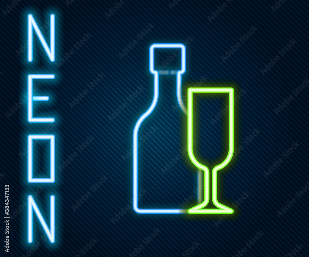 Glowing neon line Wine bottle with glass icon isolated on black background. Colorful outline concept