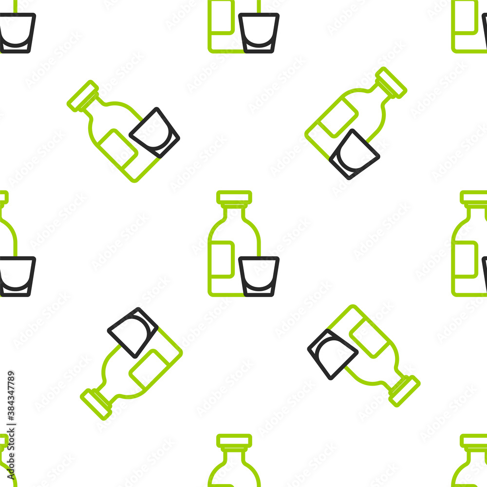 Line Alcohol drink Rum bottle and glass icon isolated seamless pattern on white background. Vector.