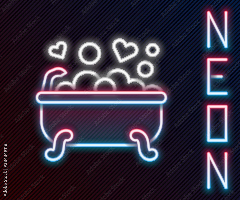 Glowing neon line Romantic in bathroom icon isolated on black background. Concept romantic date. Rom