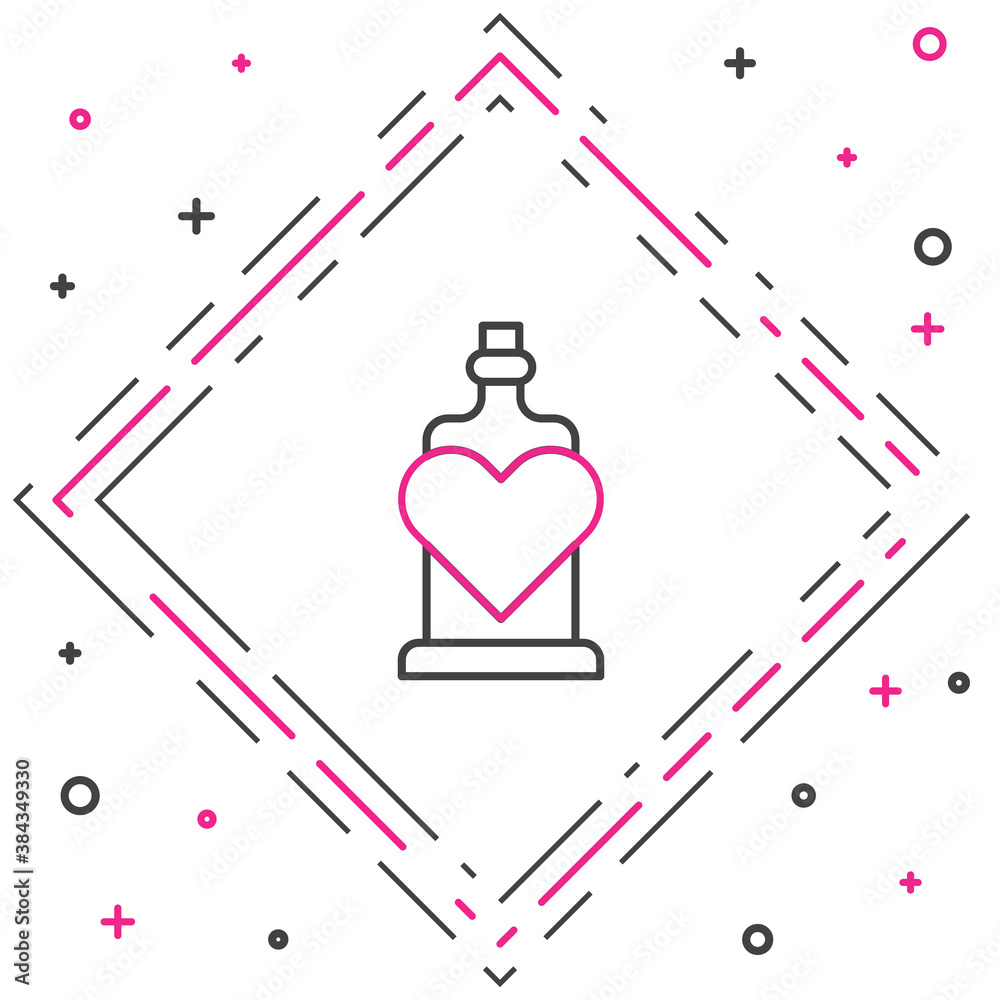 Line Bottle with love potion icon isolated on white background. Valentines day symbol. Colorful outl