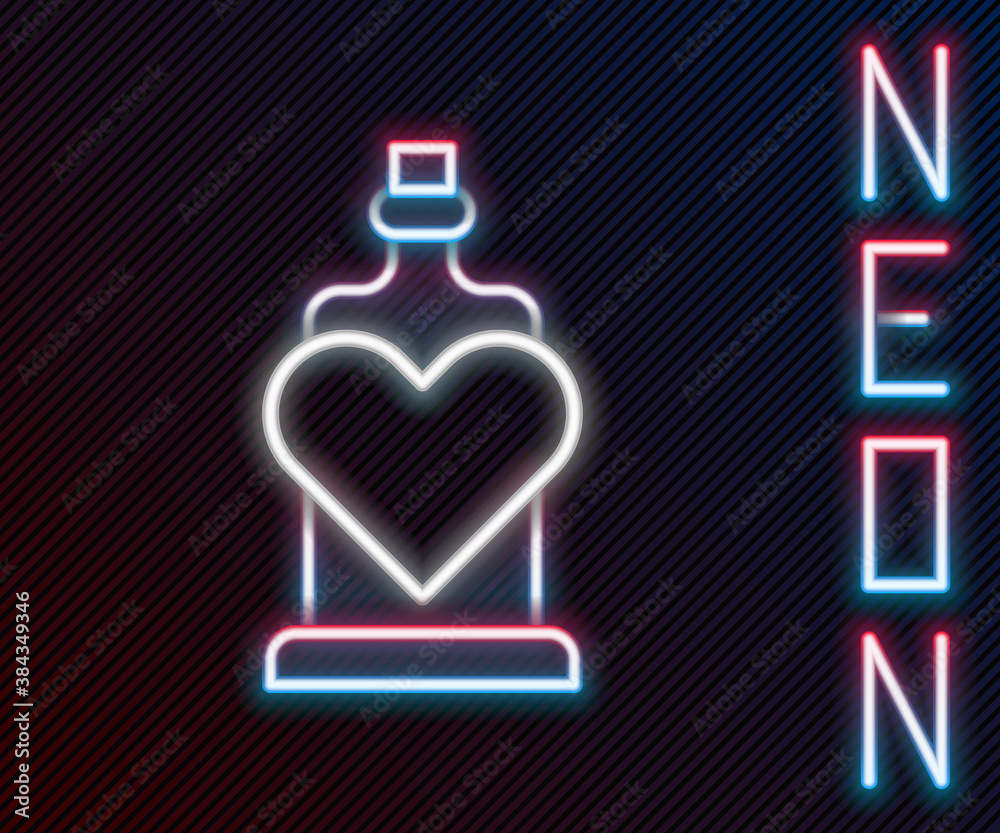 Glowing neon line Bottle with love potion icon isolated on black background. Valentines day symbol. 