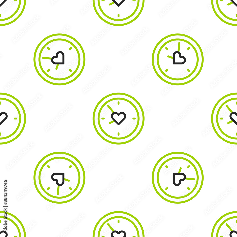 Line Clock with heart icon isolated seamless pattern on white background. Valentines day. Love symbo