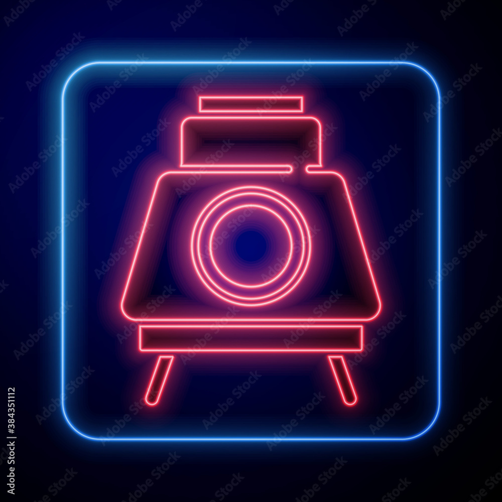 Glowing neon Mars rover icon isolated on blue background. Space rover. Moonwalker sign. Apparatus fo