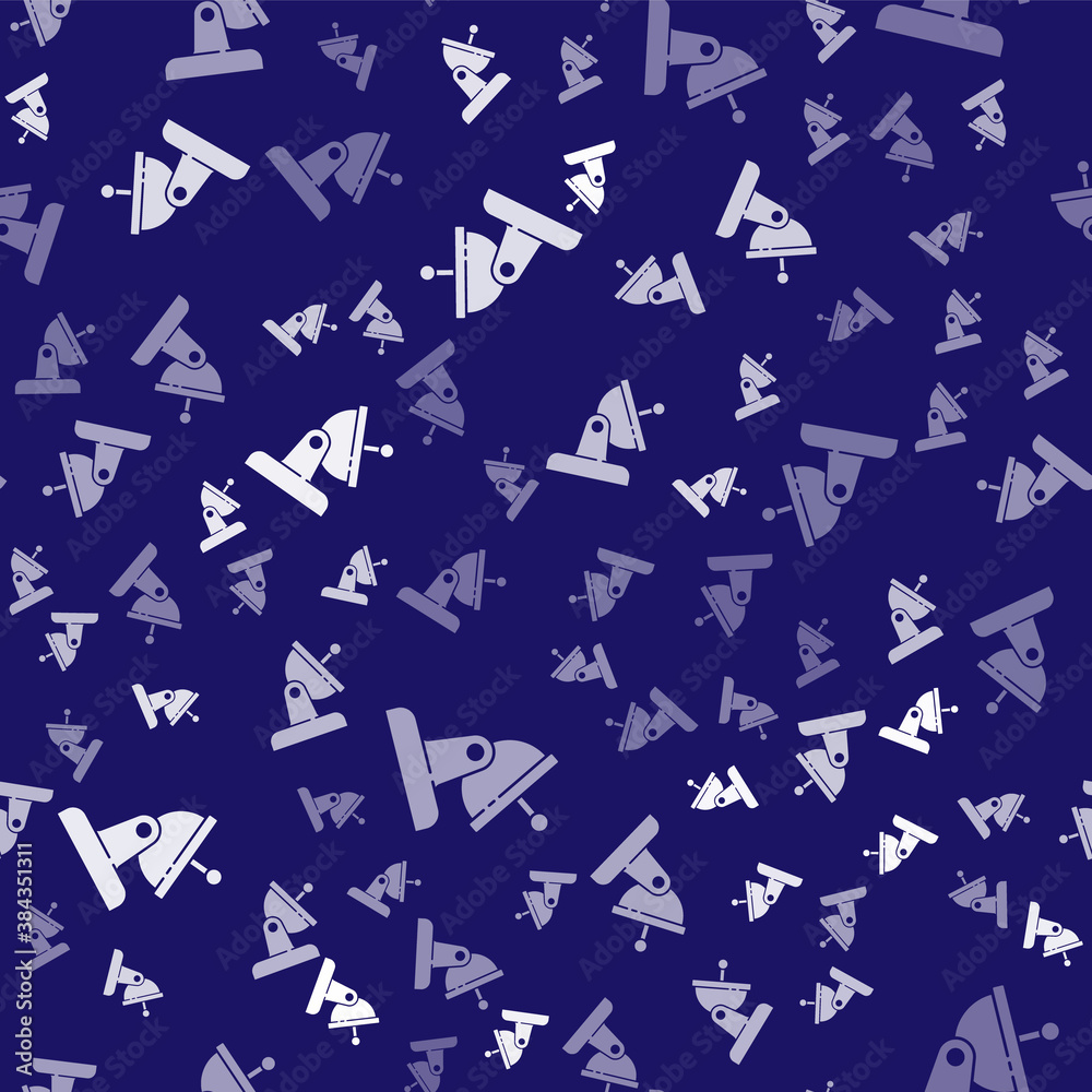 White Satellite dish icon isolated seamless pattern on blue background. Radio antenna, astronomy and