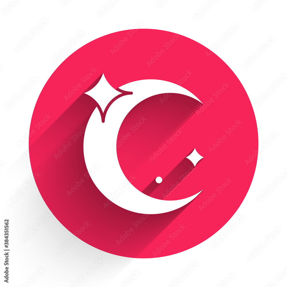 White Moon and stars icon isolated with long shadow. Red circle button. Vector.