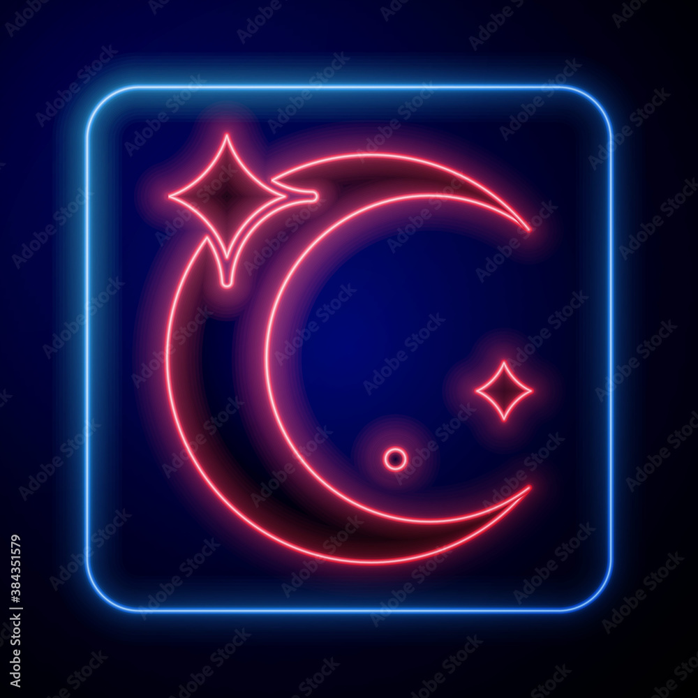 Glowing neon Moon and stars icon isolated on blue background. Vector.