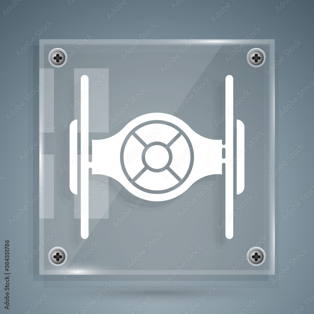 White Cosmic ship icon isolated on grey background. Square glass panels. Vector.