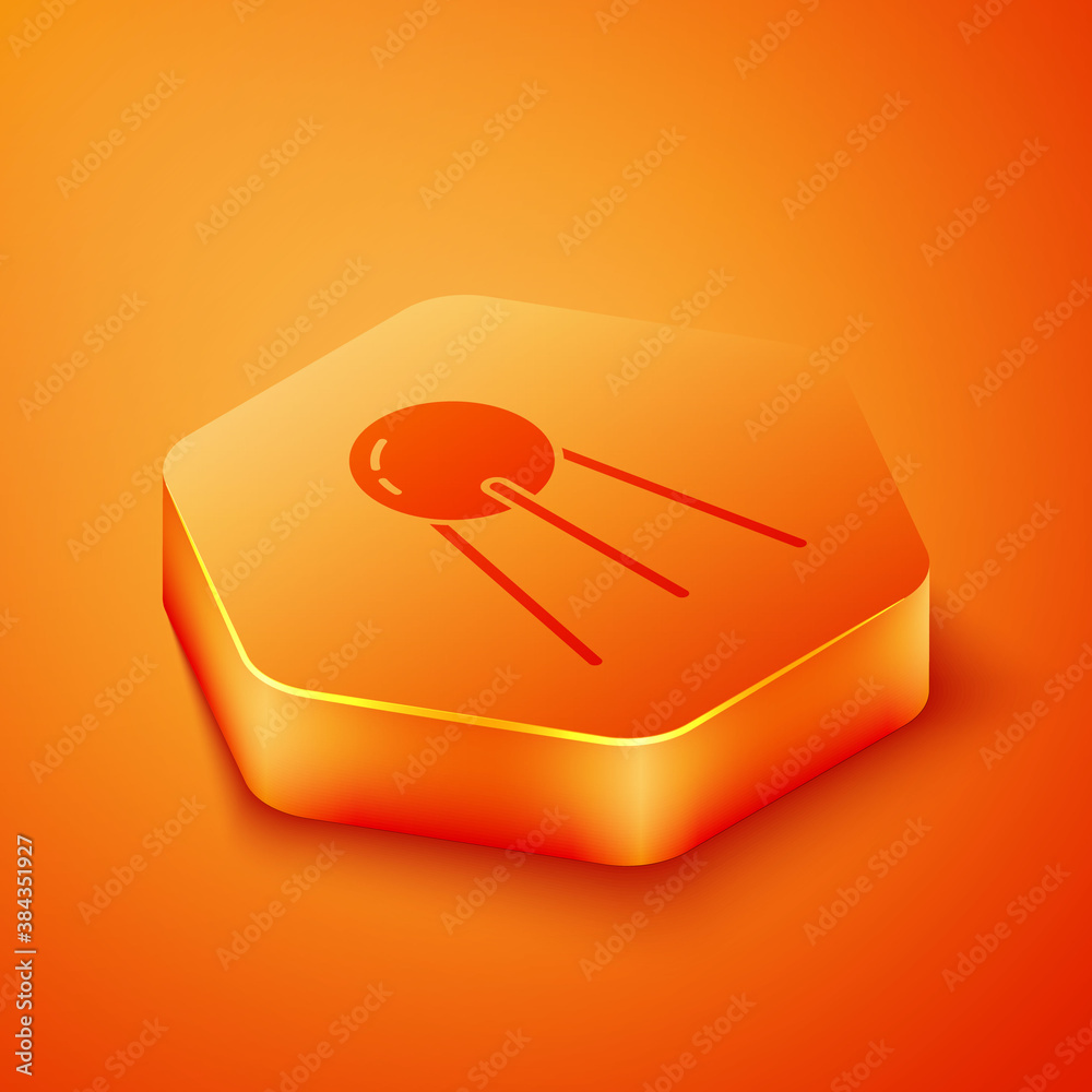 Isometric Satellite icon isolated on orange background. Orange hexagon button. Vector.