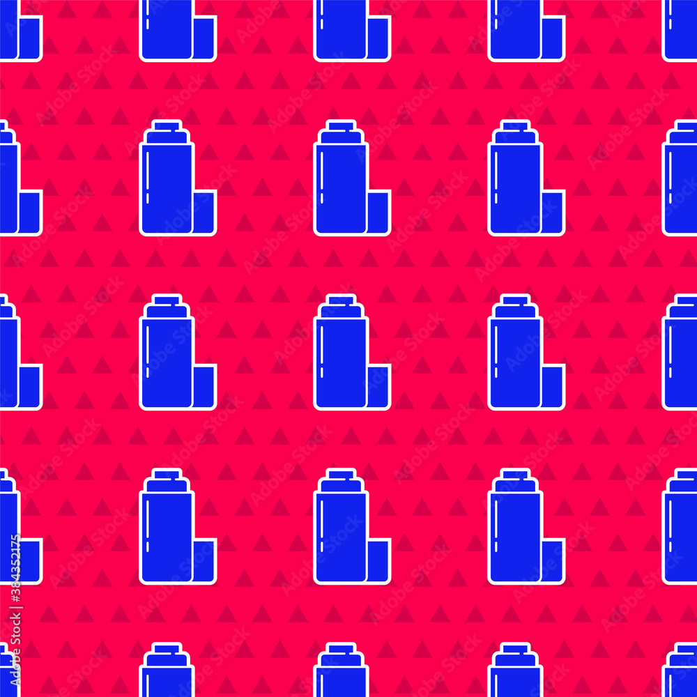 Blue Thermos container icon isolated seamless pattern on red background. Thermo flask icon. Camping 