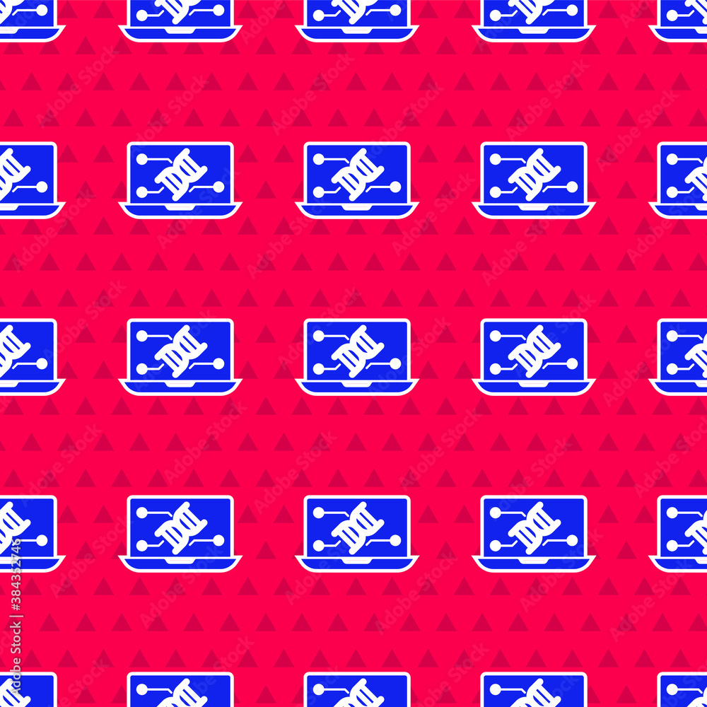 Blue Genetic engineering modification on laptop icon isolated seamless pattern on red background. DN