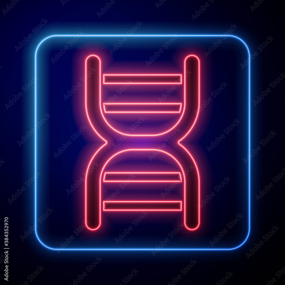 Glowing neon DNA symbol icon isolated on blue background. Vector.