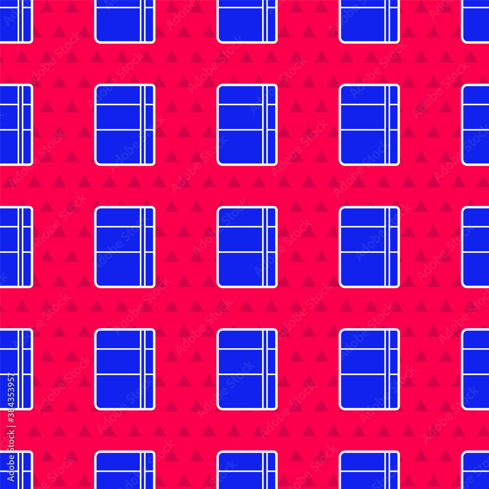 Blue Sketchbook or album icon isolated seamless pattern on red background. Vector.