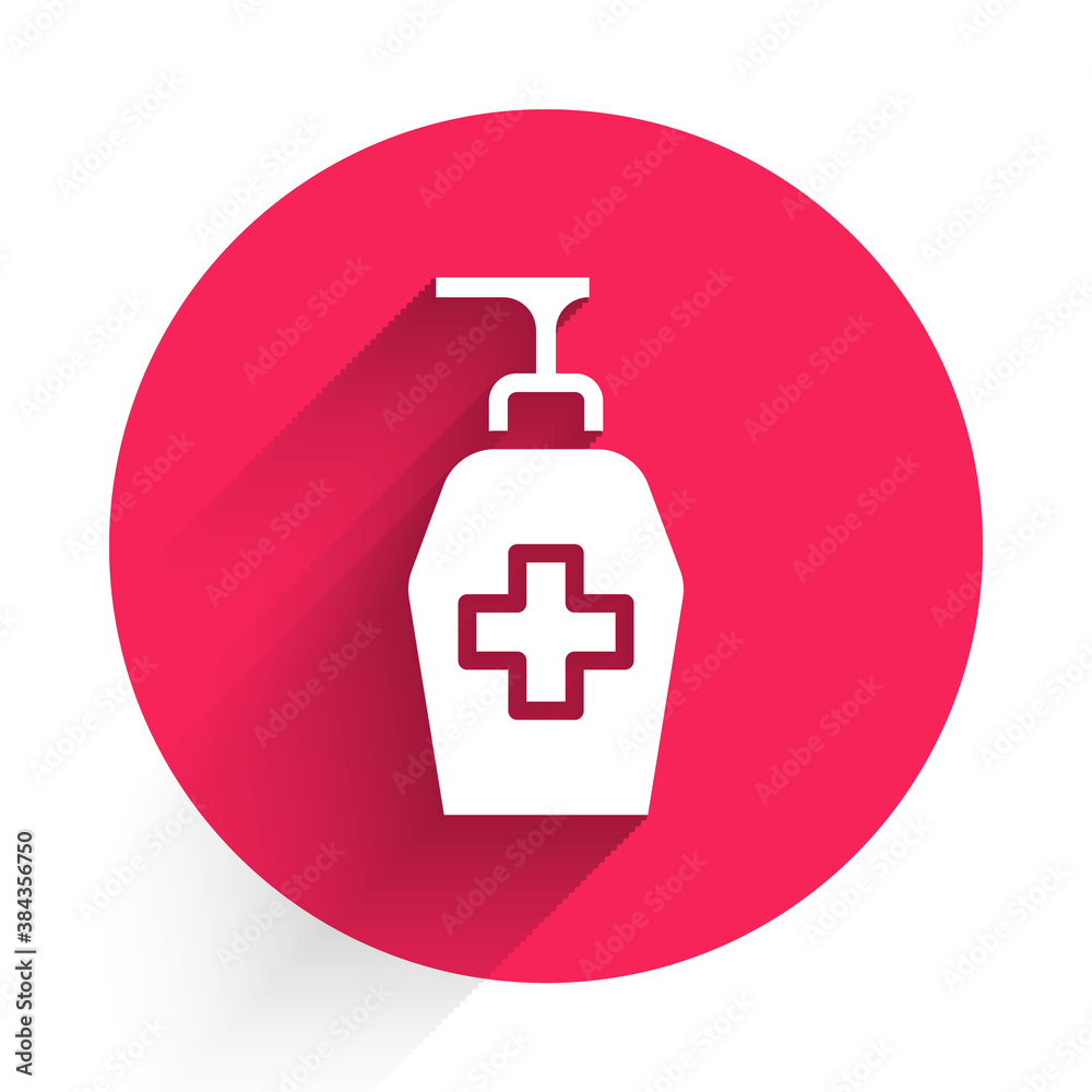 White Bottle of liquid antibacterial soap with dispenser icon isolated with long shadow. Antiseptic.