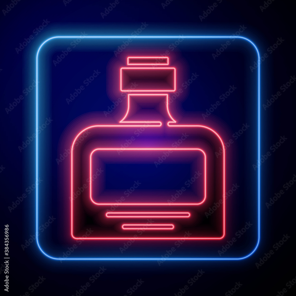 Glowing neon Whiskey bottle icon isolated on blue background. Vector.