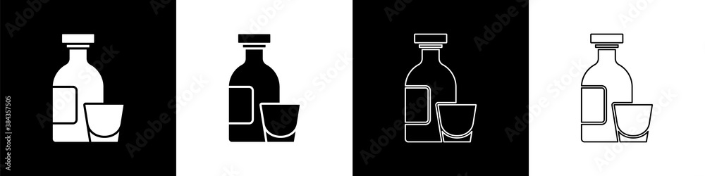 Set Alcohol drink Rum bottle and glass icon isolated on black and white background. Vector.