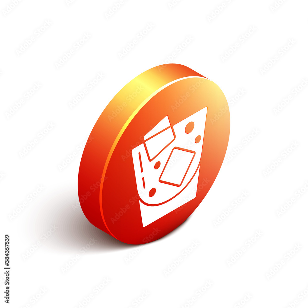 Isometric Glass of whiskey and ice cubes icon isolated on white background. Orange circle button. Ve