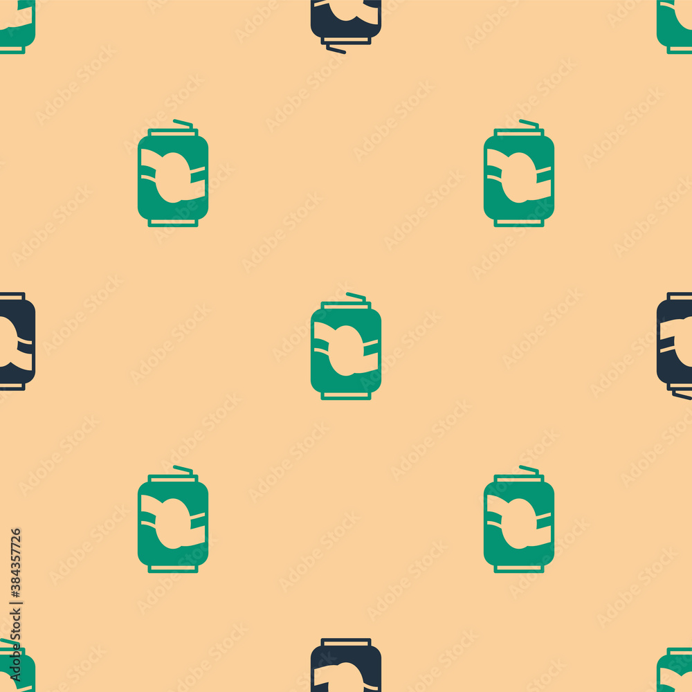 Green and black Soda can icon isolated seamless pattern on beige background. Vector.