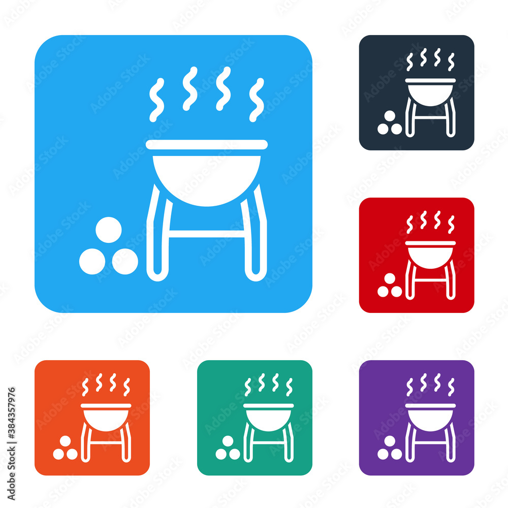 White Barbecue grill icon isolated on white background. BBQ grill party. Set icons in color square b