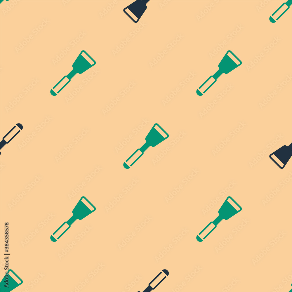 Green and black Spatula icon isolated seamless pattern on beige background. Kitchen spatula icon. BB