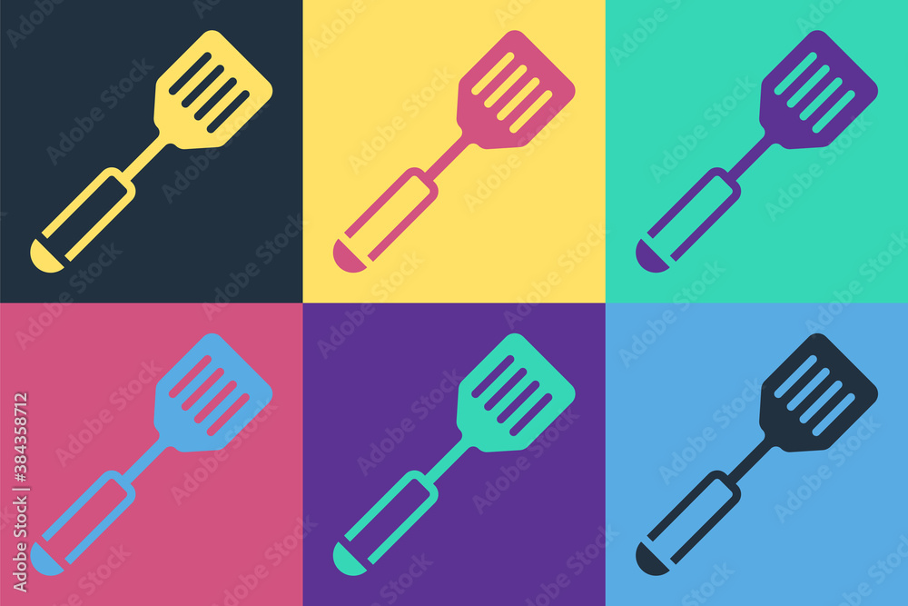 Pop art Spatula icon isolated on color background. Kitchen spatula icon. BBQ spatula sign. Barbecue 