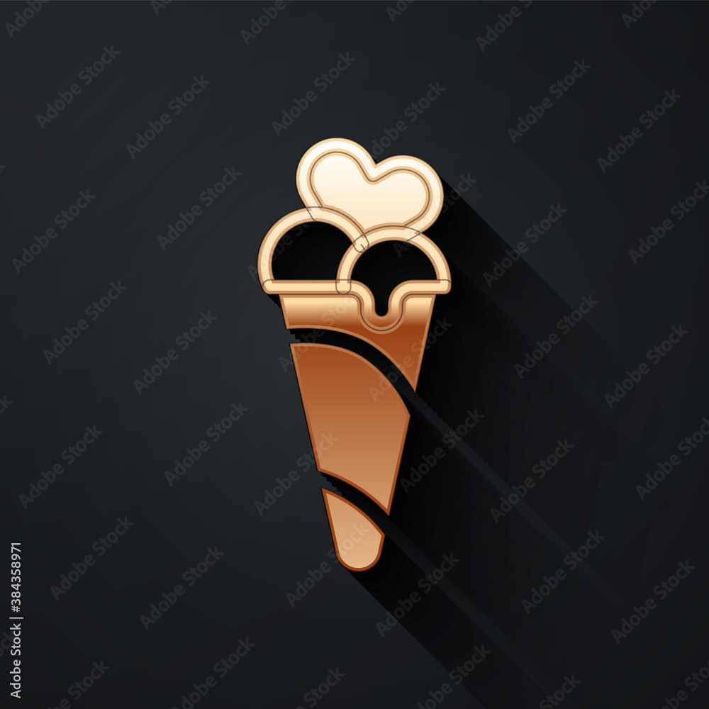 Gold Ice cream in waffle cone icon isolated on black background. Sweet symbol. Long shadow style. Ve