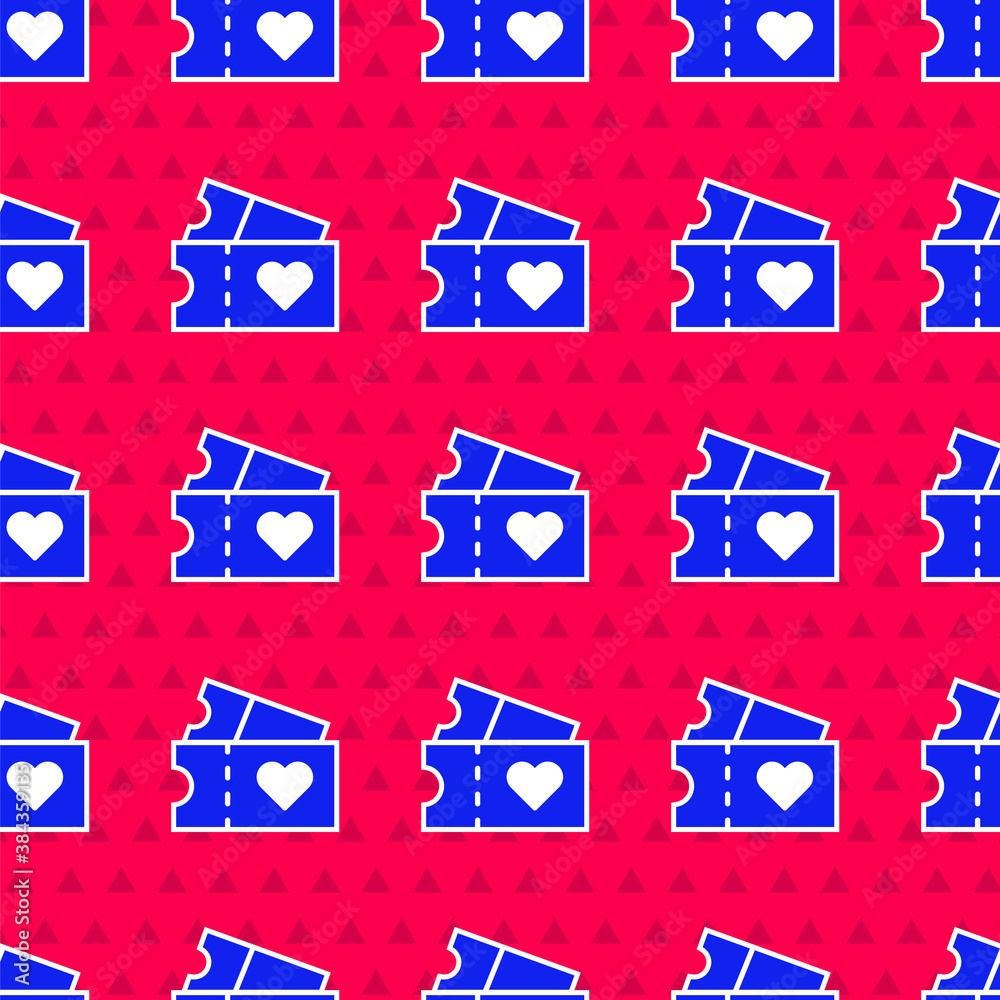 Blue Love ticket icon isolated seamless pattern on red background. Valentines day sign. Couple relat