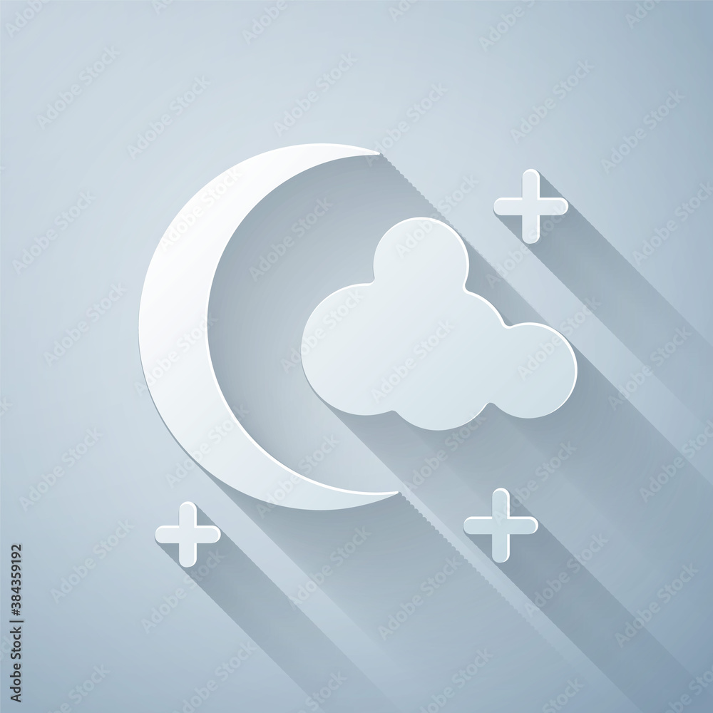 Paper cut Moon and stars icon isolated on grey background. Paper art style. Vector.