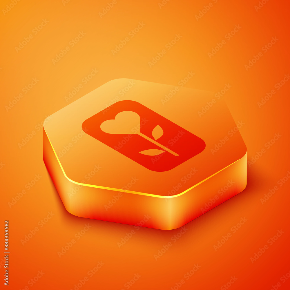 Isometric Flower rose icon isolated on orange background. Orange hexagon button. Vector.